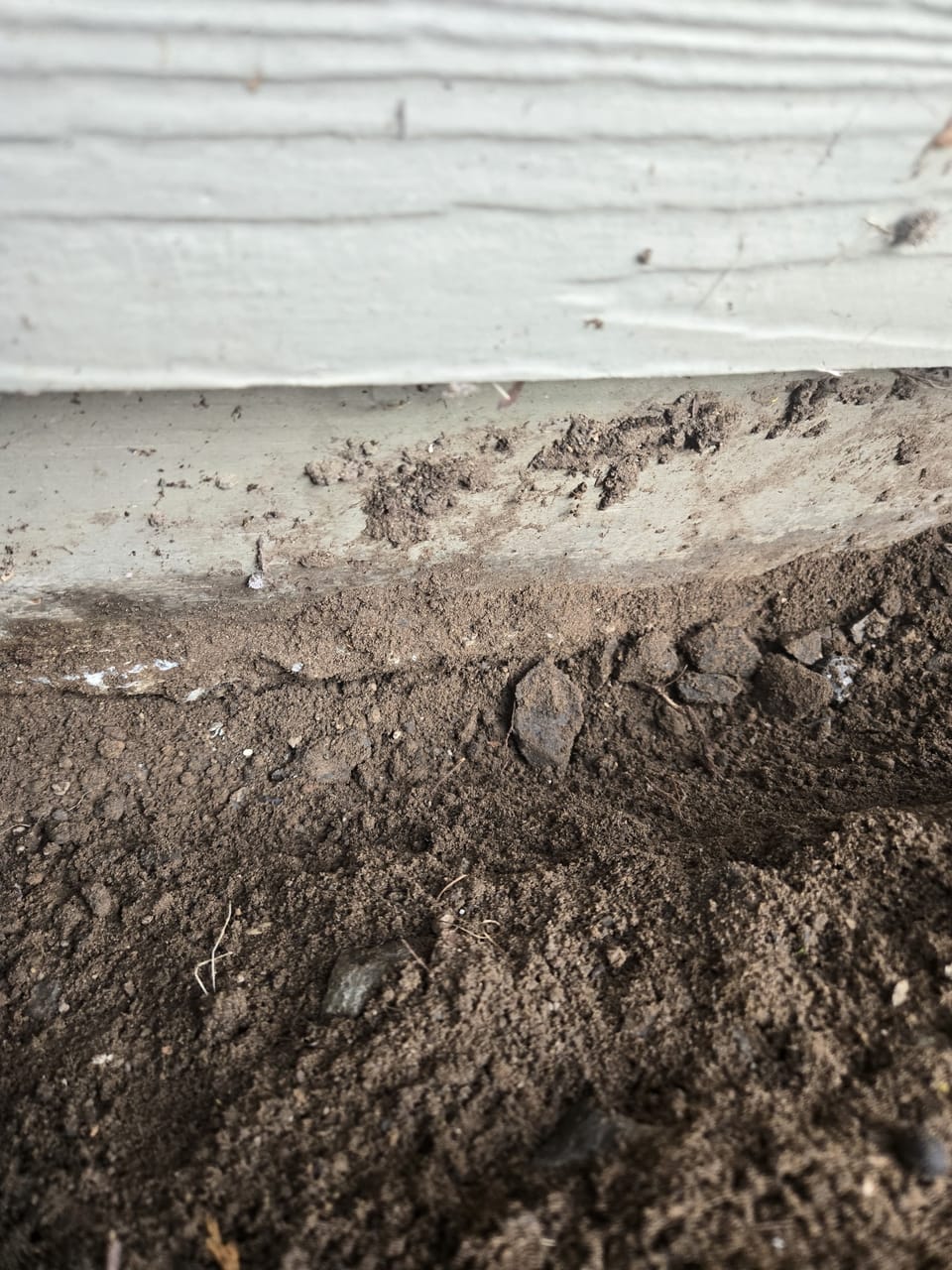 Close-up of exterior house siding with soil dug away from the concrete foundation and trim.