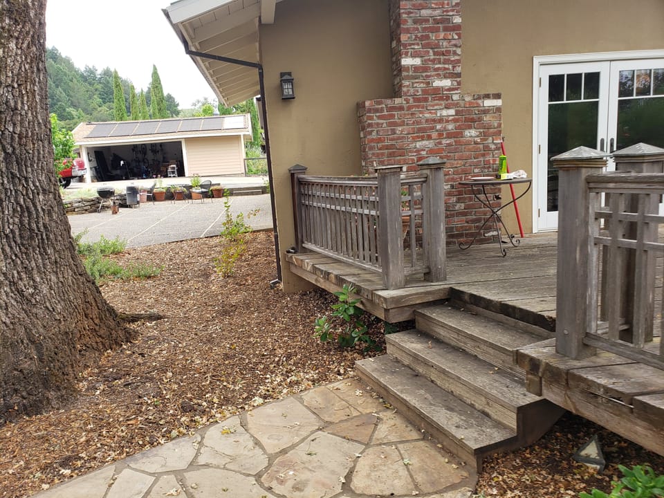 Wooden deck stairs lead to a stone patio next to an oak tree trunk, with mulch bordering the house foundation.